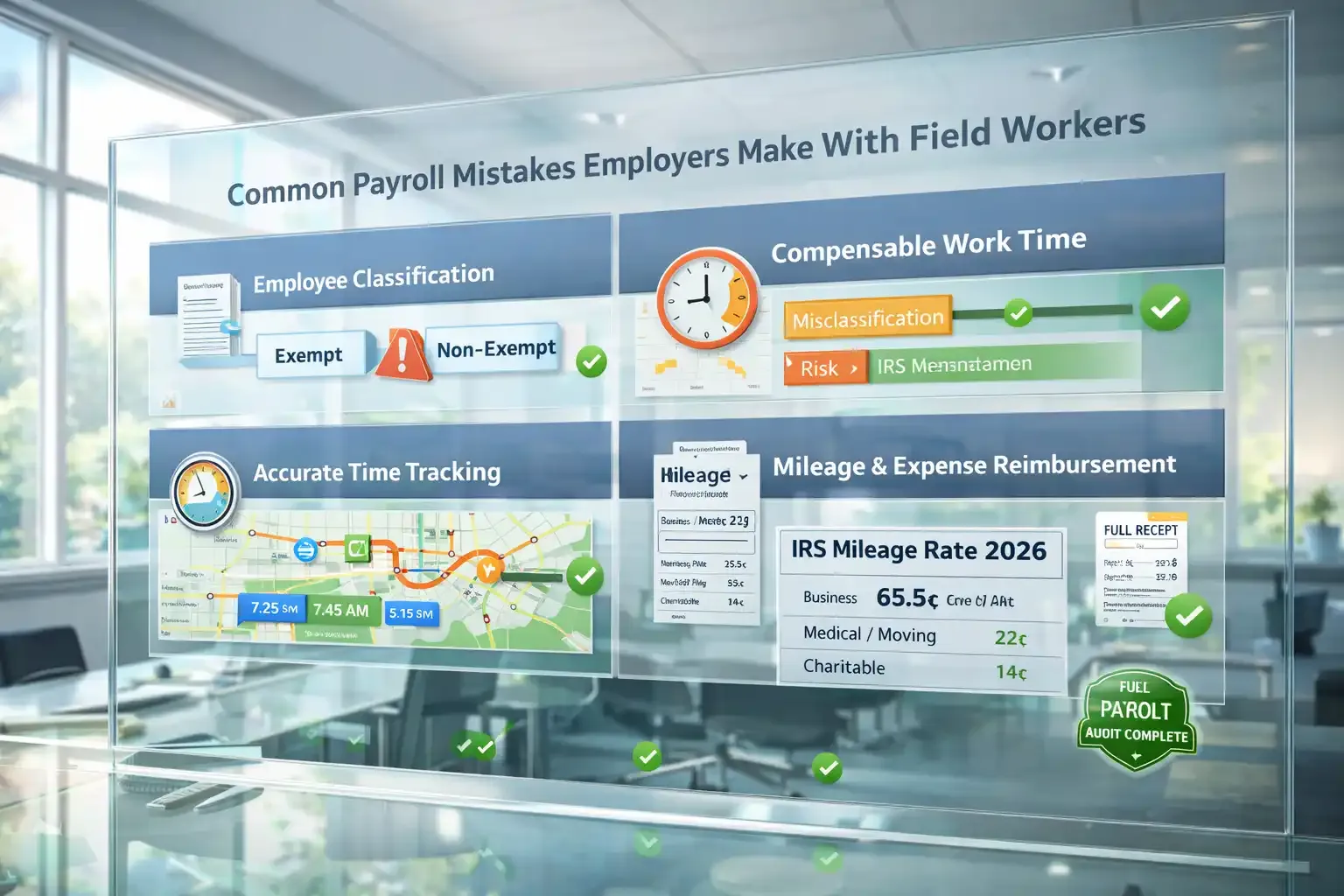 Glass payroll compliance dashboard in modern conference room